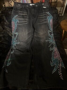 Custom Denim Valley Jeans with Pink & Blue Studded Rhinestone Design Size 36